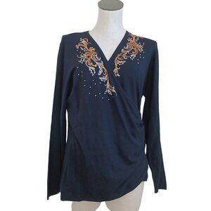 Reba Sequin Surplice Top V Neck Long Sleeve Pullover Byzantine NEW Womens XLarge